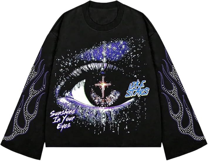 Verdusa Men's Rhinestone Graphic Tees Y2K Long Sleeve Tee Shirts Eye Print Crop Tops Hip Hop Streetwear