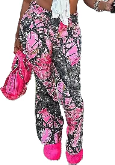 Women's Camo Cargo Pants High Waist Wide Leg Camouflage Army Fatigue Trousers with Pockets Sweatpants