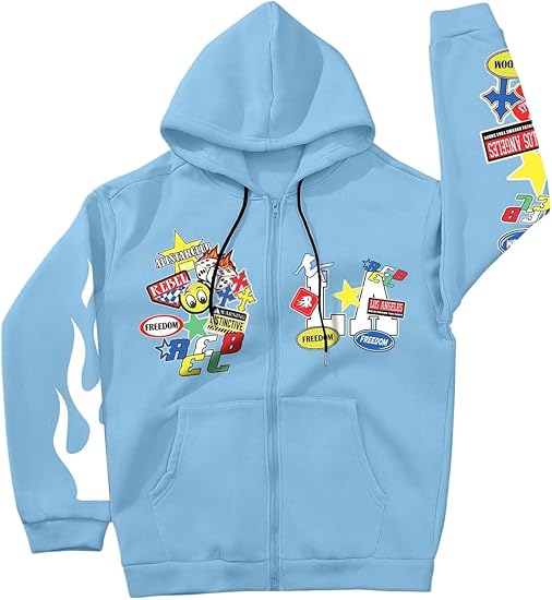 Men's Y2k Graphic Zip Up Hoodies Drawstring Long Sleeve Casual Sweatshirt Jacket with Pockets