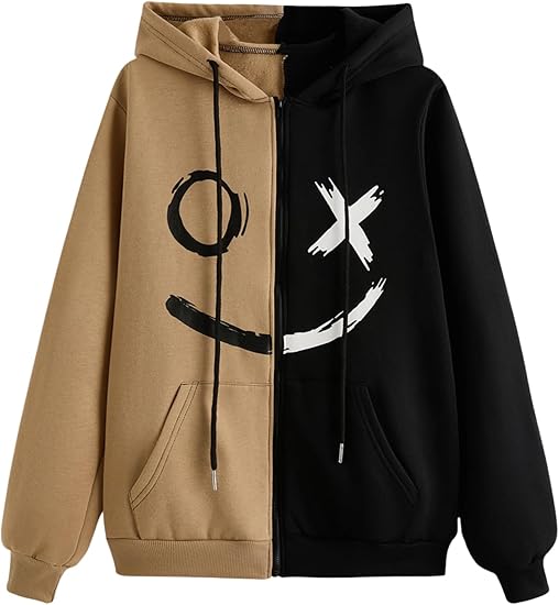 Men's Color Block Long Sleeve Zip Up Hoodie Cartoon Graphic Drawstring Hooded Sweatshirt Tops